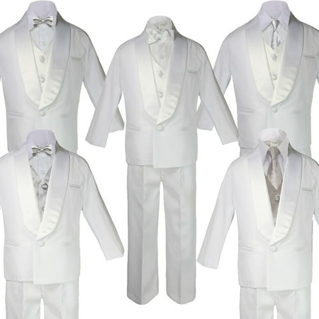 

Boy White Shawl Lapel Wedding Suits Tuxedo SILVER Satin Bow Necktie Vest SM-20