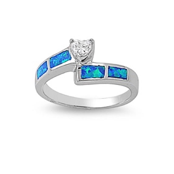 Heart Center Clear Cubic Zirconia Blue Simulated Opal Ring Sterling Silver Size 6