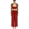 thumbnail image 3 of Raenseen Women Lyrical Dance Outfits Sets Sequins Rhinestones Crop Top with Mesh Sheer Pants Burgundy M, 3 of 5