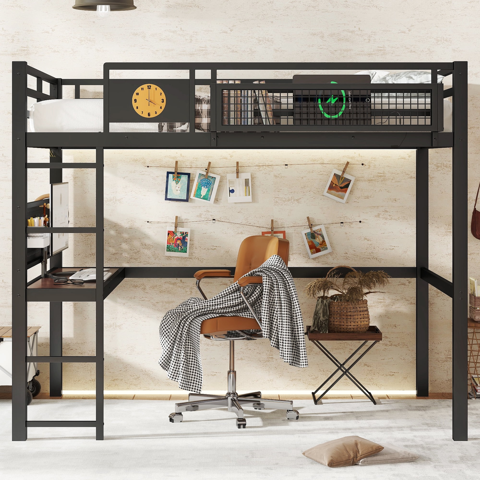 Leumius Full Size Loft Bed with Desk,Metal Loft Bed Frame with Charging Port,Clock and Storage Basket,Black