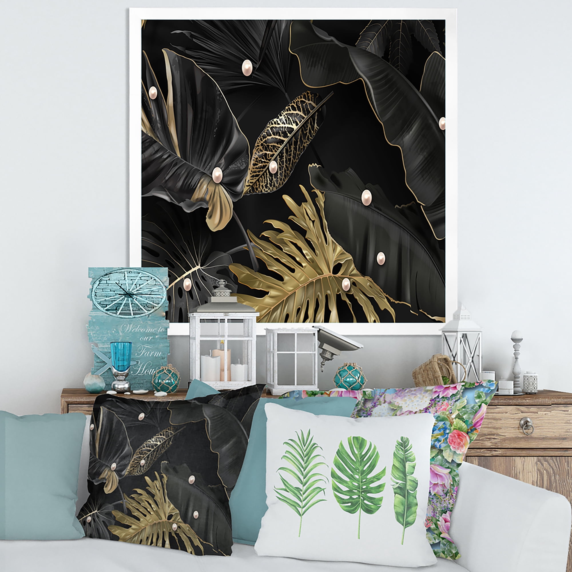Designart 'Gold and Black Tropical Leaves III' Modern Framed Art Print