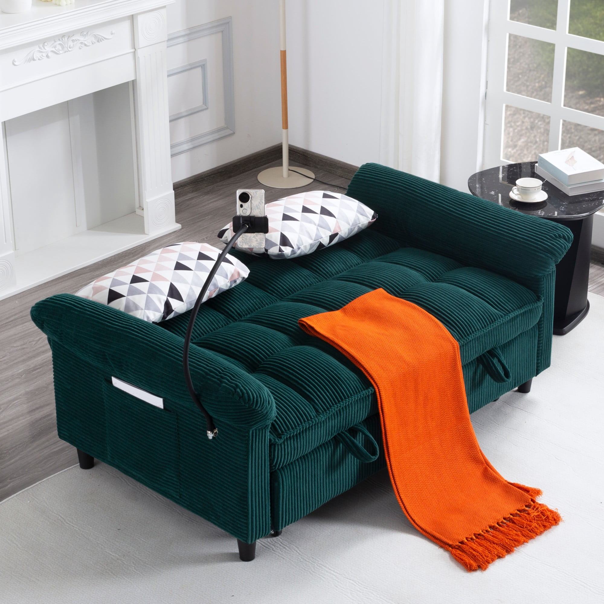 BSHTI 58.27" Corduroy Convertible Sofa Bed with Pull Out Sleeper, 3-Position Backrest, Storage Pocket for Living Room Guest Room, Black（Green）