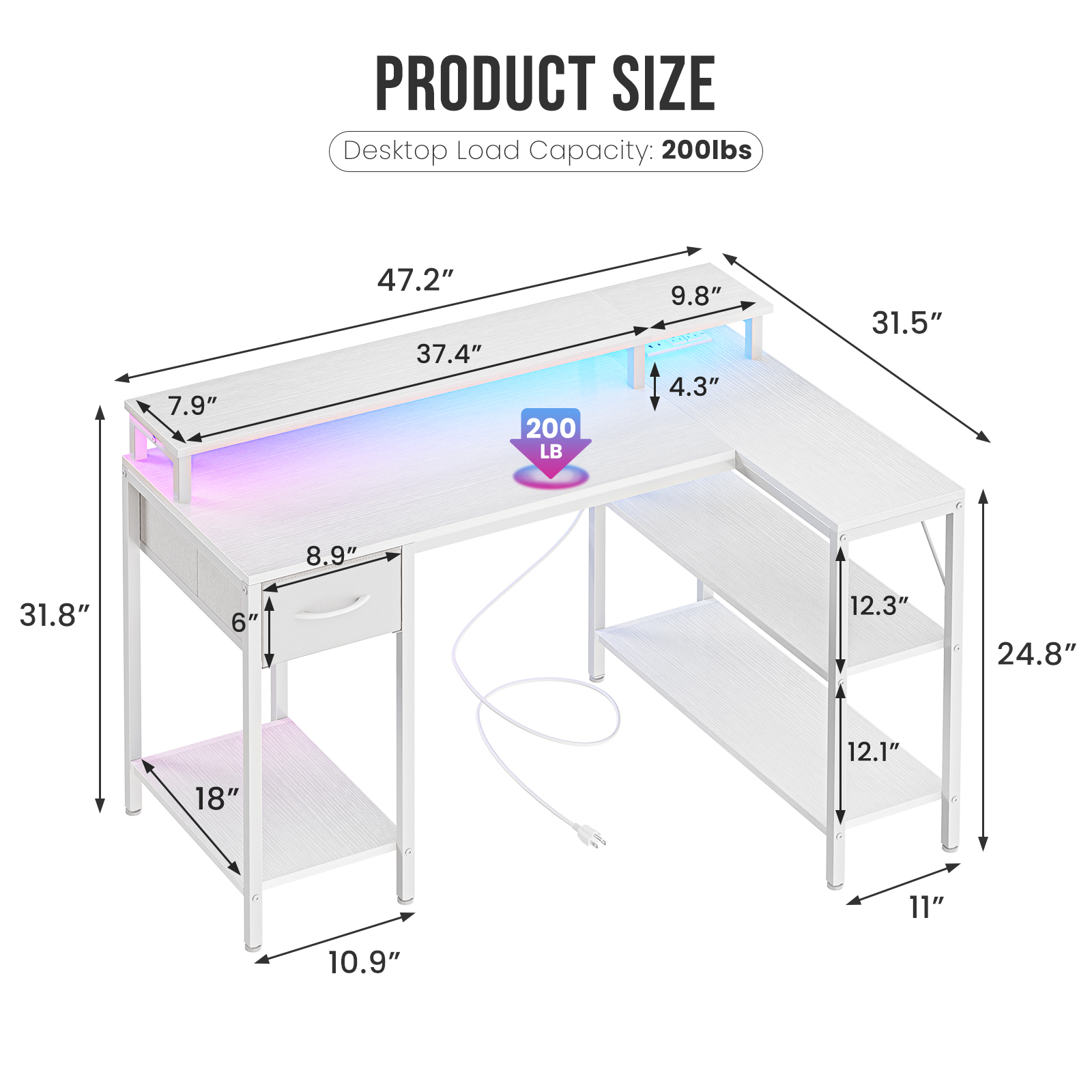 Sweetcrispy 47" L Shaped Computer Gaming Desk with USB Charging Ports & LED Lights, Reversible Corner Table with Power Outlets Monitor Stand for Home Office, White