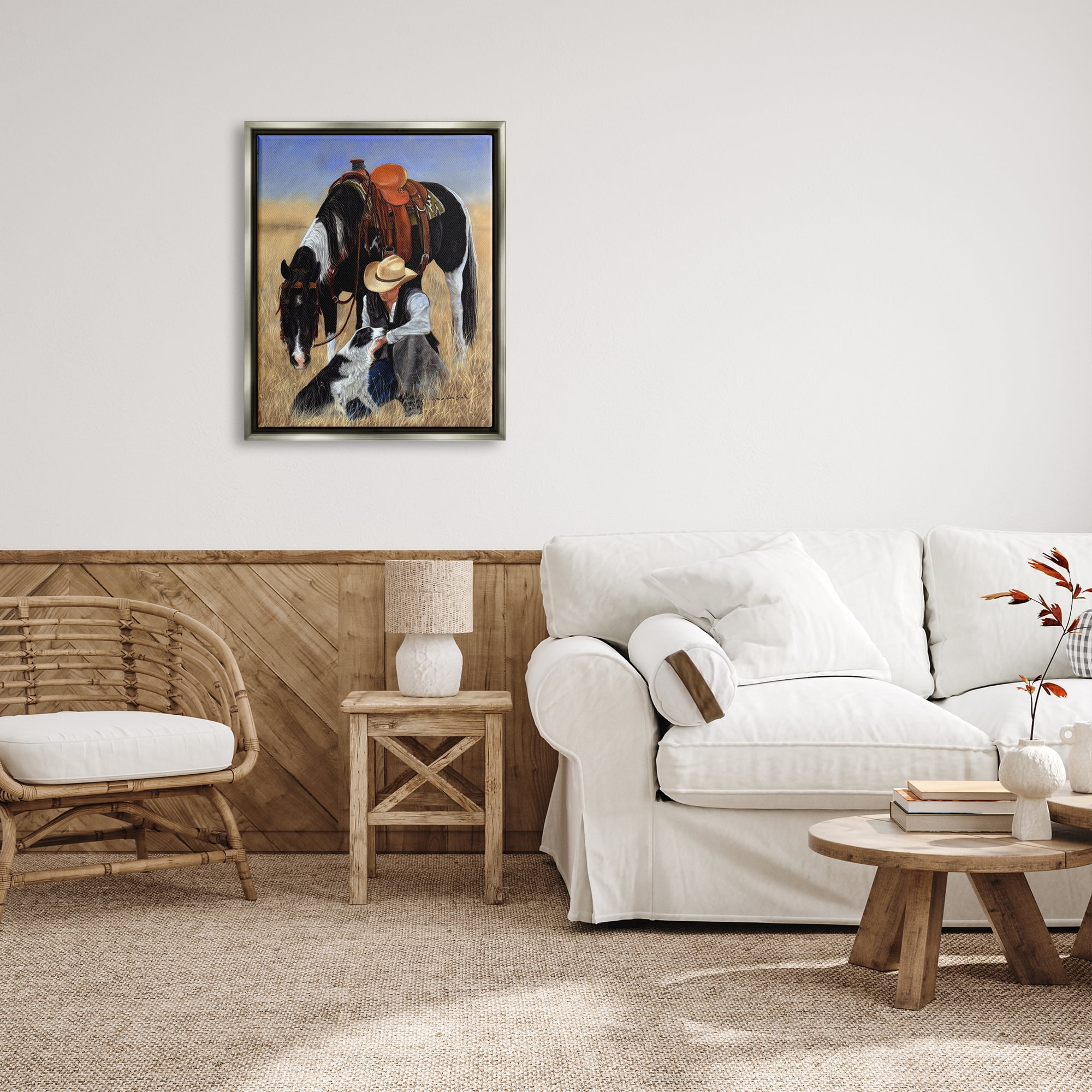 Stupell Industries Cowboy with Dog & Horse Animals & Insects Painting Gray Floater Framed Canvas Art Print Wall Art, 25 x 31