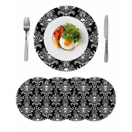 Black Horror Halloween Round Table Placemats set of 4, Vintage White Skull Pattern Washable Woven Place Mats for Dining Tables Kitchen Party Decor,Heat Proof, 13in,