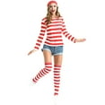 thumbnail image 2 of Yuarrent Conjunto de disfraz para mujer, camiseta a rayas rojas y blancas, calcetines de punto suaves y transpirables para la piel, sombrero, traje Kits de decoración para fiestas Rojo L Yuarrent HA070896-03, 2 of 6