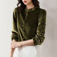 thumbnail image 4 of Women's Long Sleeve Velvet Shirts Soft Crew Neck Dressy Casual Blouses with Ruffled Detailing Solid Color Tops (2XL, Green), 4 of 7