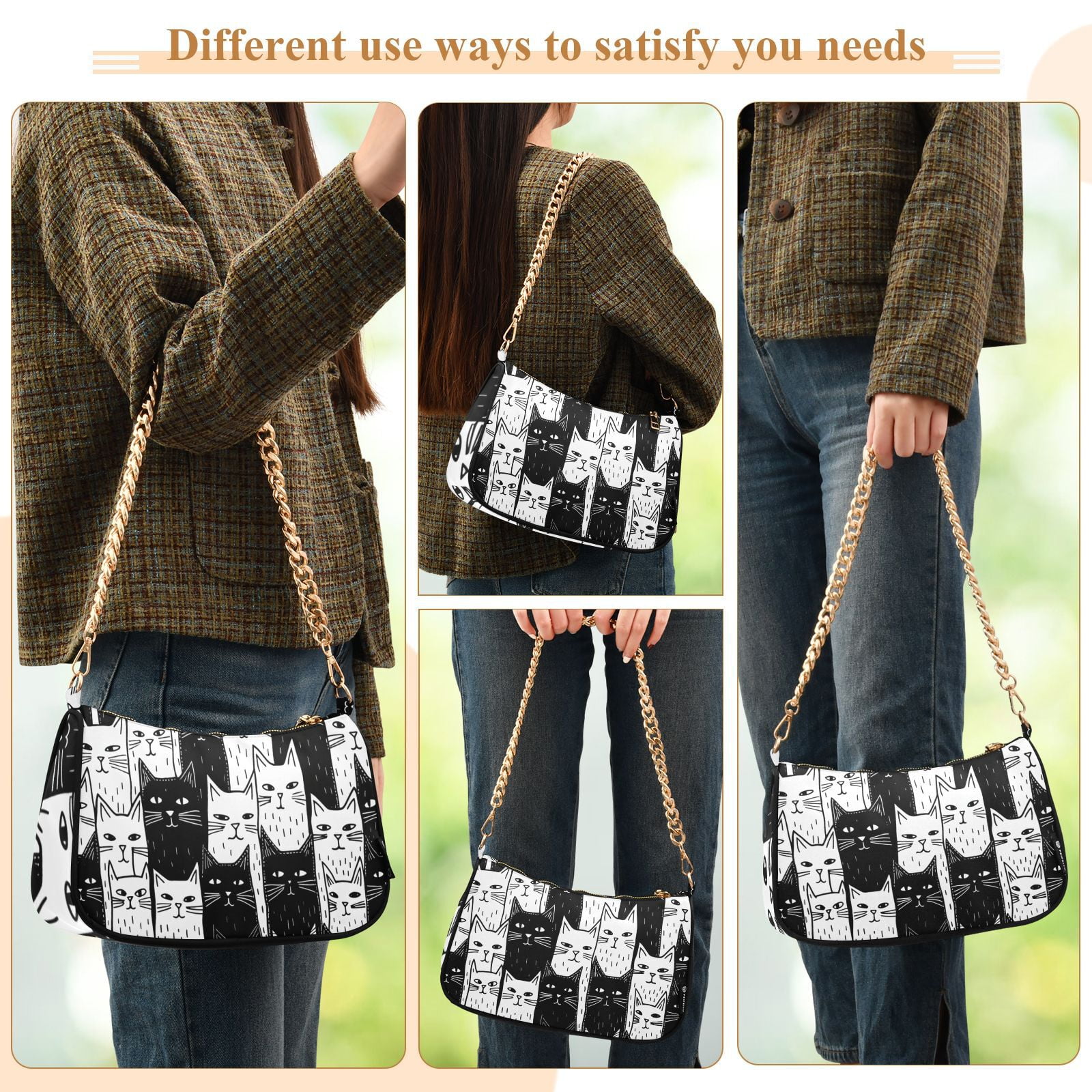 Black and White CatsWomen Small Shoulder Bag Crossbody Tote Hobo Bags Purse Clutch Handbags with Chain Strap for Women