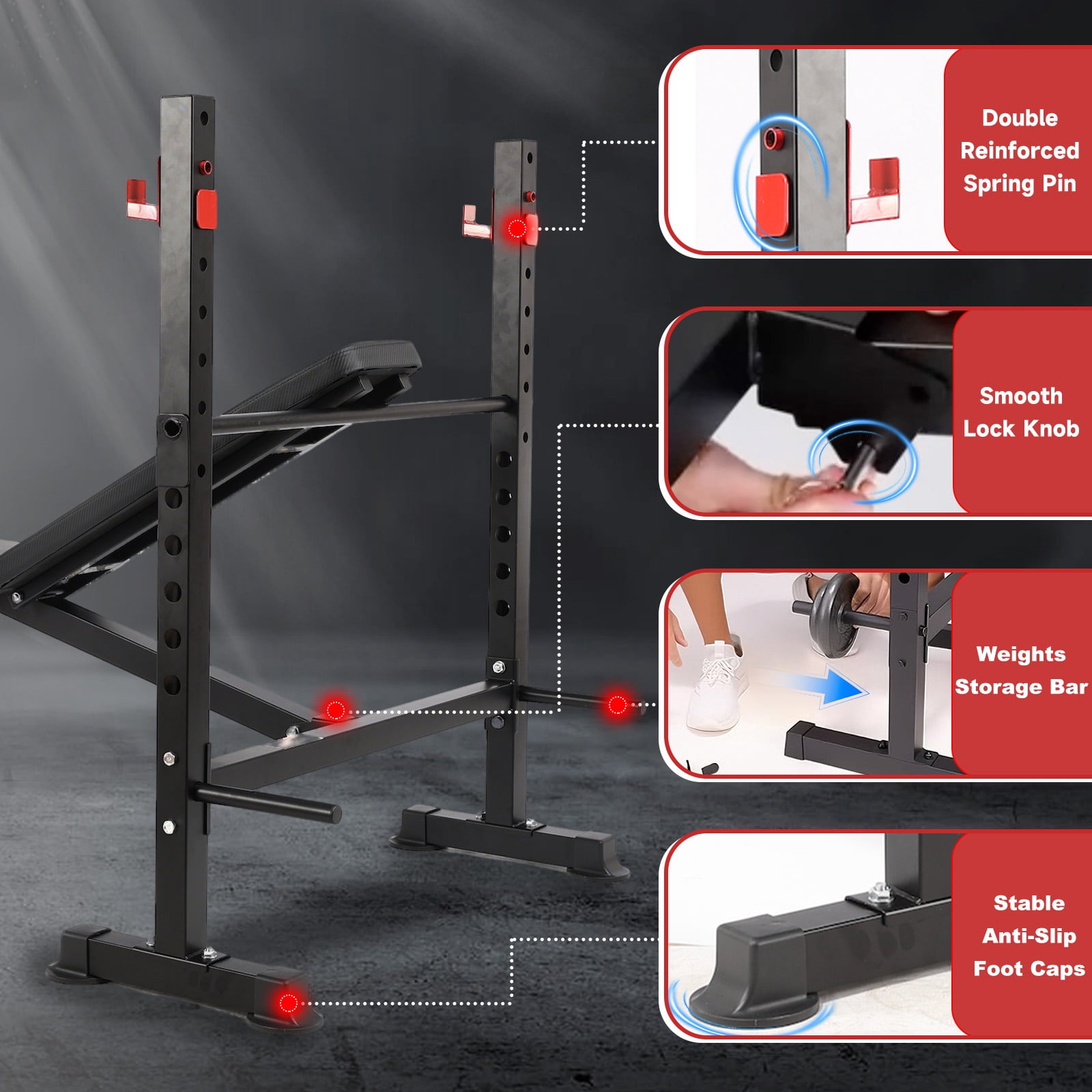 Foldable 750LBS Standard Weight Bench with Leg Extension and Squat Rack, Bench Press for Full Body Workout, Adjustable Flat Incline Decline Workout Bench（US Stock）