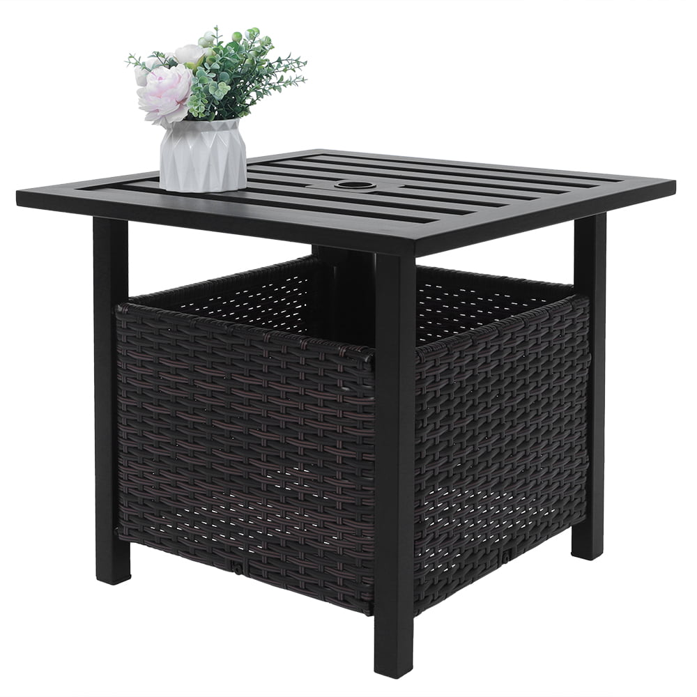 Patio Side Table With Umbrella Hole Outdoor Pe Wicker Side Table Umbrella Stand Weather