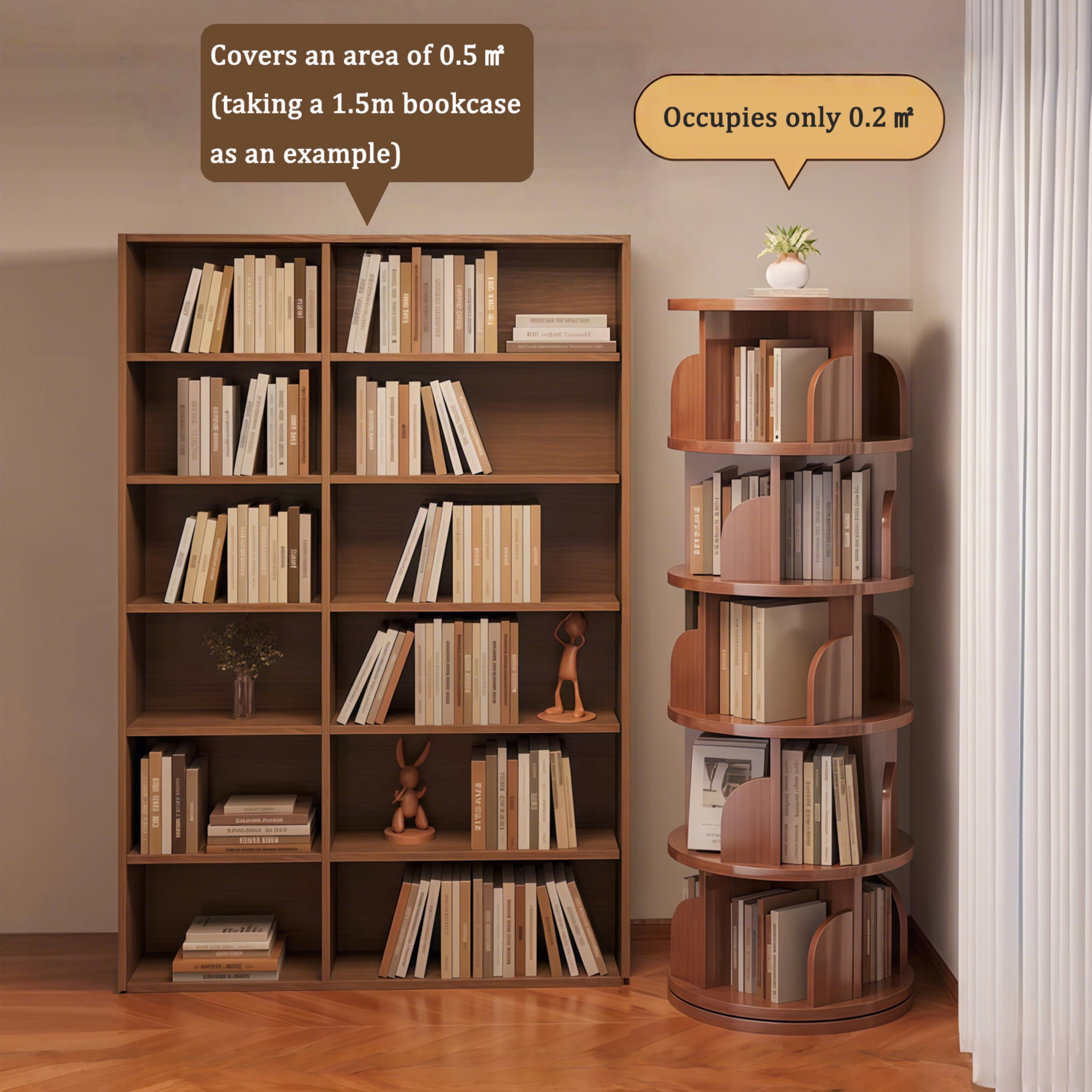 Noble House Pamela 5-Tier 360° Rotating Bookshelf, Round Display Tower, Space-Saving, for Home Office, Walnut