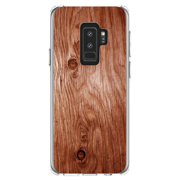 DistinctInk Clear Shockproof Hybrid Case for Samsung Galaxy S9  PLUS (6.2" Screen) - TPU Bumper, Acrylic Back, Tempered Glass Screen Protector - Orange Weathered Wood Grain Print - Printed Wood Image