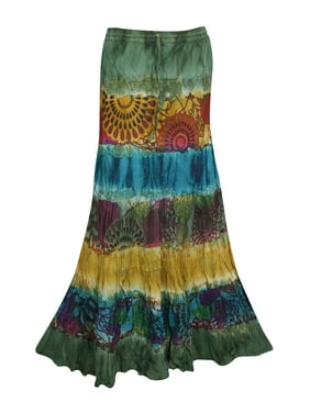 Mogul Womens Tie Dye A-Line Long Skirt Flirty Boho Style Summer Fashion Cotton Blend Tiered Gypsy Maxi Skirts