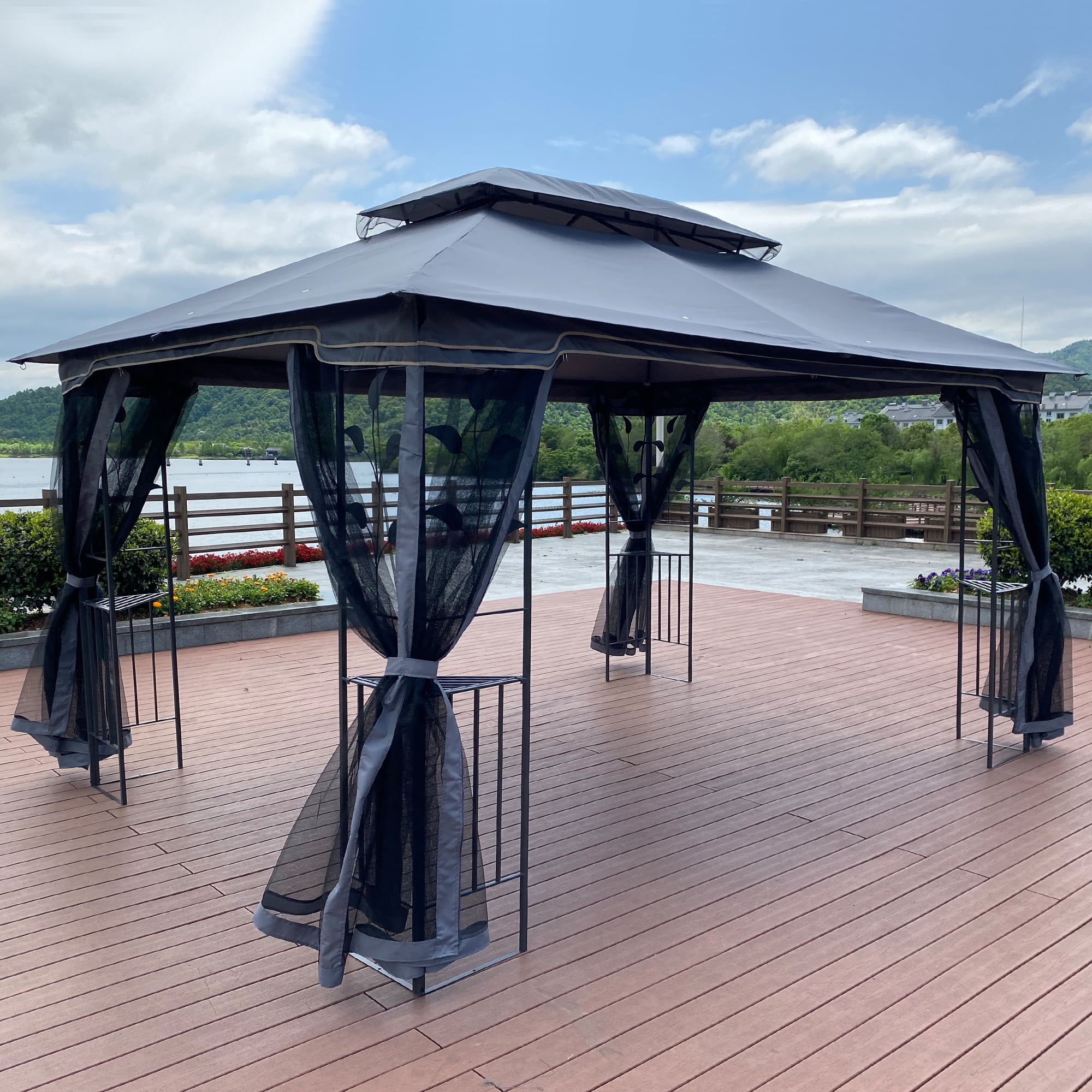 Outdoor Gazebo Tent, 13x10 FT Double Roof Tent with Mosquito Net for Garden Backyard, Gray Top