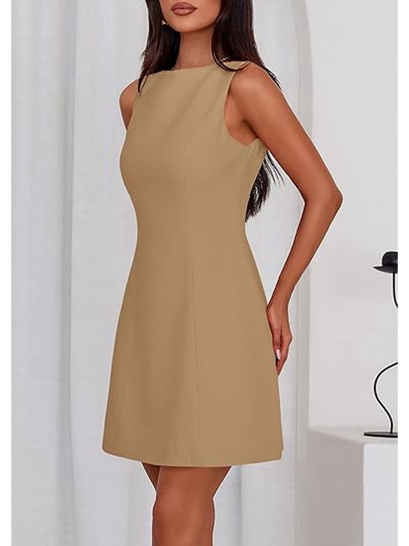 Prettygarden Womens Formal Short Dresses Summer Sleeveless Boat Neck A Line Elegant Mini Cocktail Party Dress, Women's, Size: 2XL, Brown