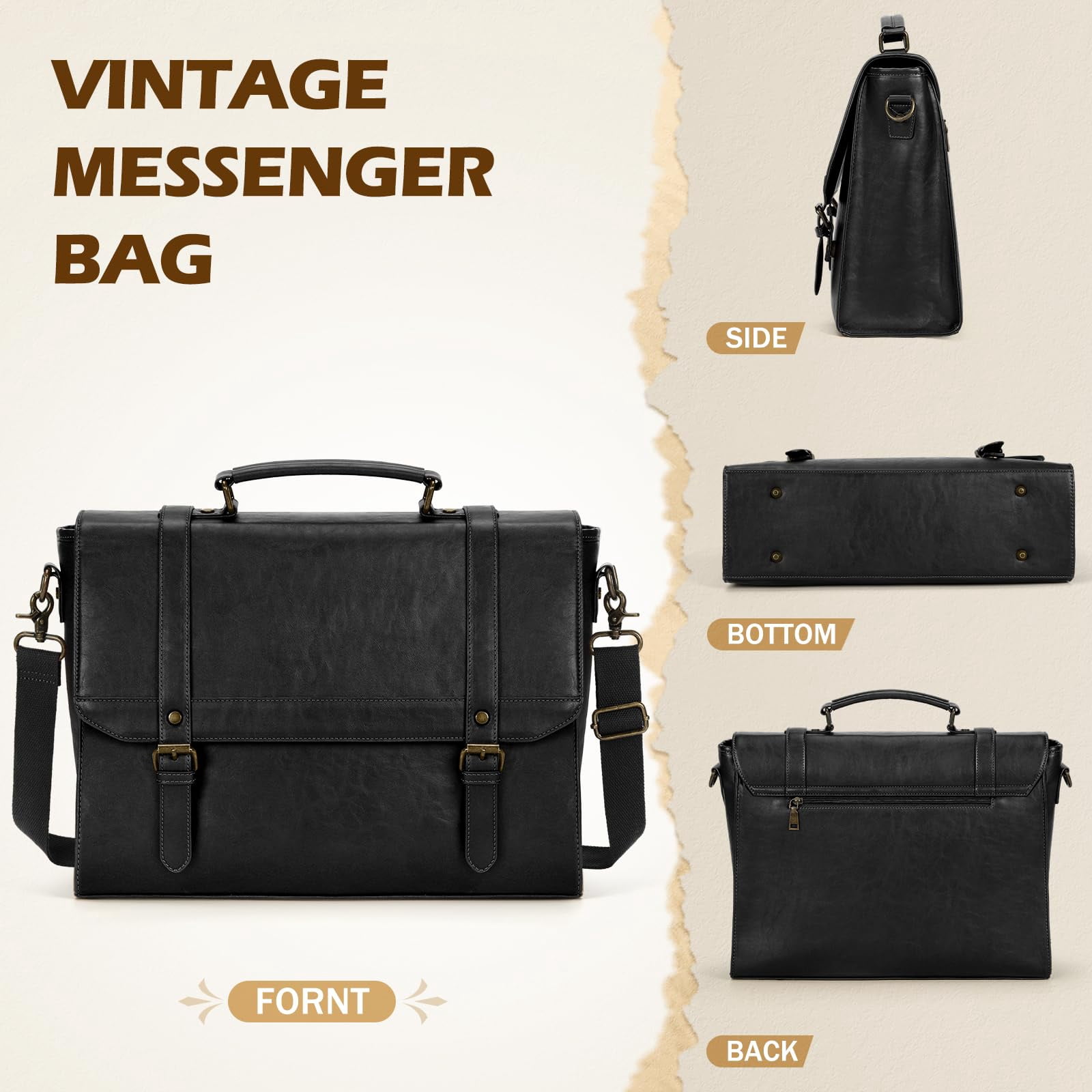 Messenger Bag for Men 15.6 inch Laptop Briefcase Vintage Leather Waterproof Large Computer Satchel Bag Retro Shoulder Bag for Office Business Travel College