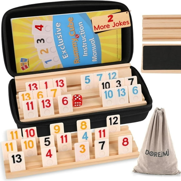 Doreimi Rummy Cube Upgraded Game Set with 4 Wooden Racks,108 Tiles Rummy Game with Portable Case and Drawstring Bag, Colorful Rummy Travel Game Set for Classic Family Board Games