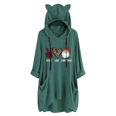 

Christmas Shirts for Women 3/4 Sleeve High Low Hem Print Stitching Solid Baggy Pajamas Homewear Hoodie Tops Long