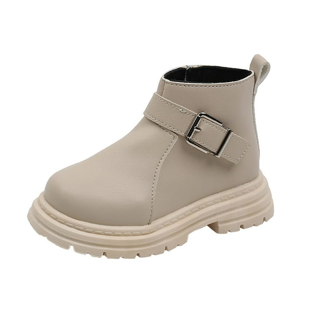 FAOWME Bottes de Mode pour Enfants Chaussures Style Anglais Bottes Simples Chaussures Fermeture Éclair Latérale Bottes Courtes Mode Garçons Beige 4-4.5 Ans