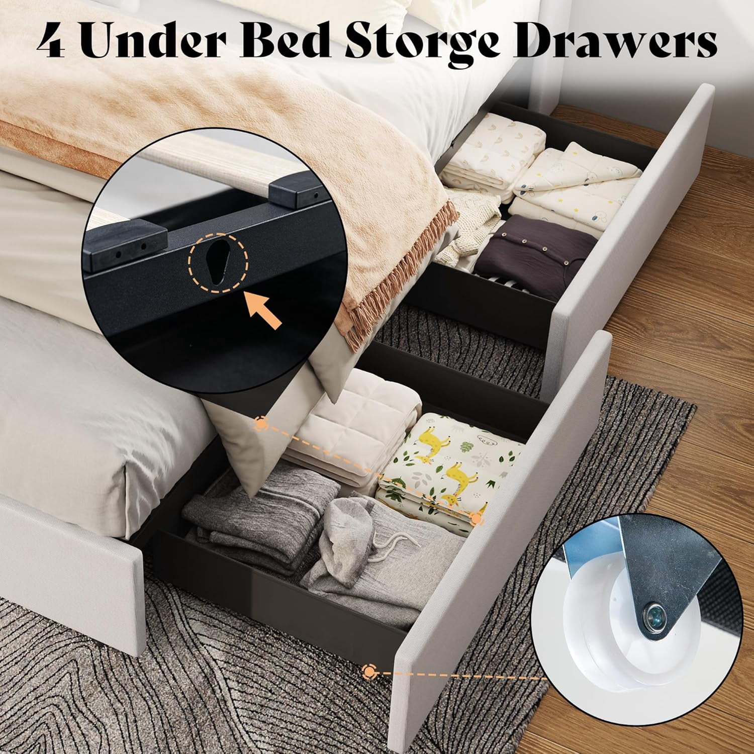 VanAcc Queen Size Upholstered Bed Frame with LED Storage Headboard, 4 Foldable Storage Drawers & Charging Station, White