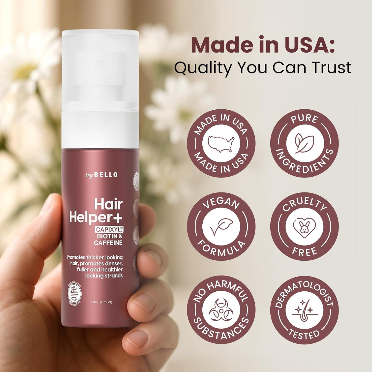 Trybello Hair Helper + Spray | Hair Growth Serum, powered by Capixyl | With Biotin, Castor Oil, Caffeine, Rice Water & Peptide Complex | Natural Treatment for Thicker, Fuller Strands | Vegan Formula