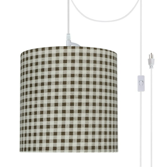 Aspen Creative 71057-21 One-Light Plug-In Swag Pendant Light Conversion Kit with Transitional Drum Fabric Lamp Shade, Brown, 8" width
