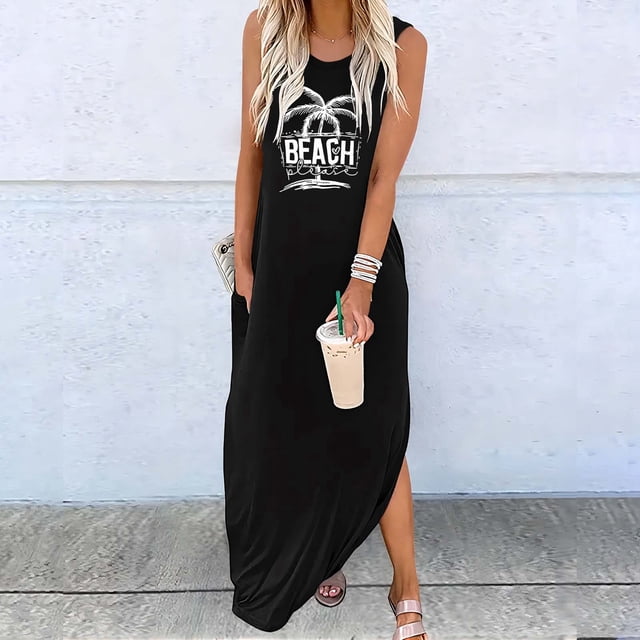 WILLBEST Vestidos Casuales para Mujer Vestido Maxi sin Mangas de Verano para Mujer Vestido Casual con Cuello Estampado Grande