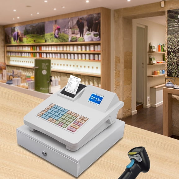 Cash Register with Dual Display 2.8" Main Screen and LED Customer Display 48 Programmable Keys Thermal Printer