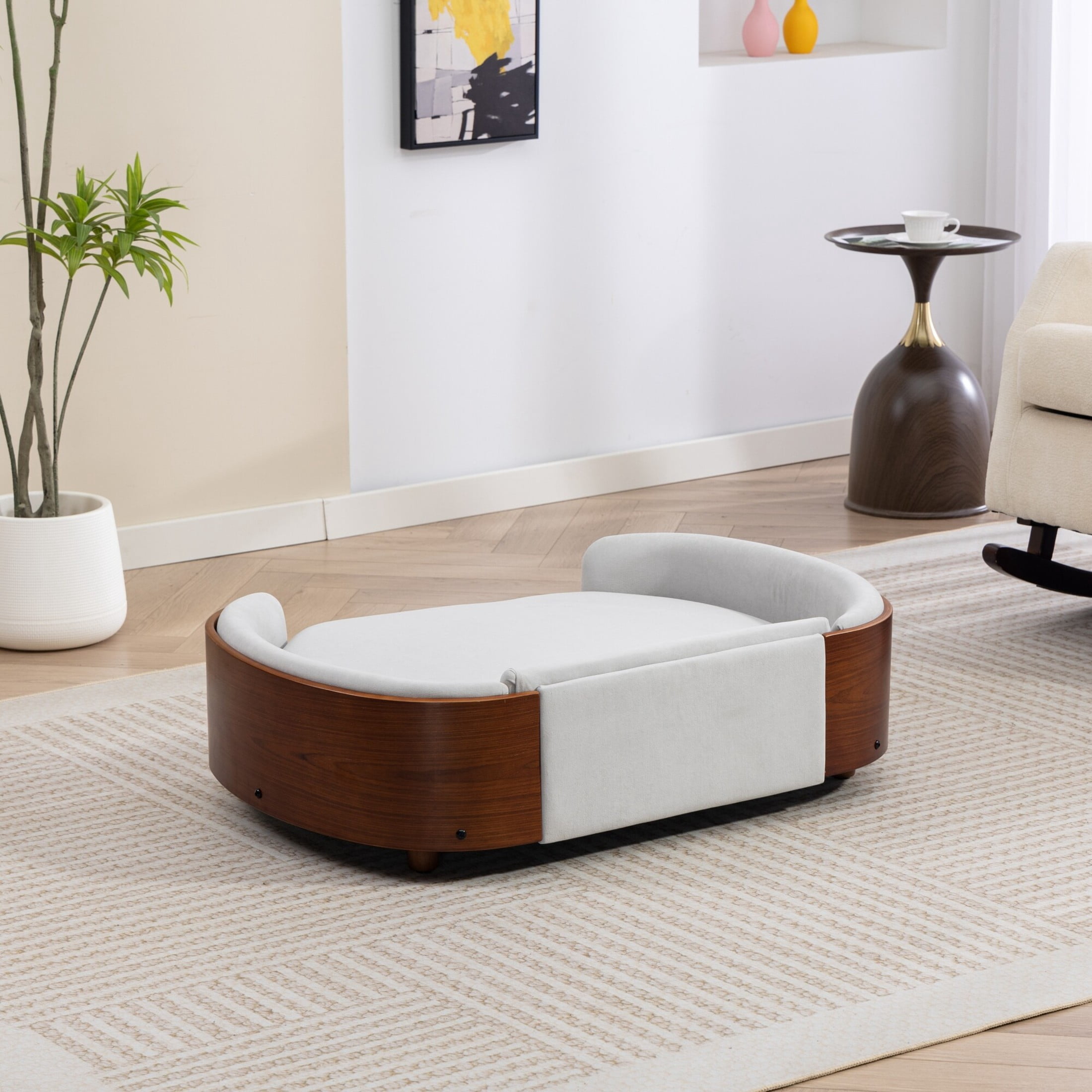 Noble House Scandinavian Elevated Large Dog Bed, Pet Sofa with Solid Wood Frame, Light Gray and Walnut