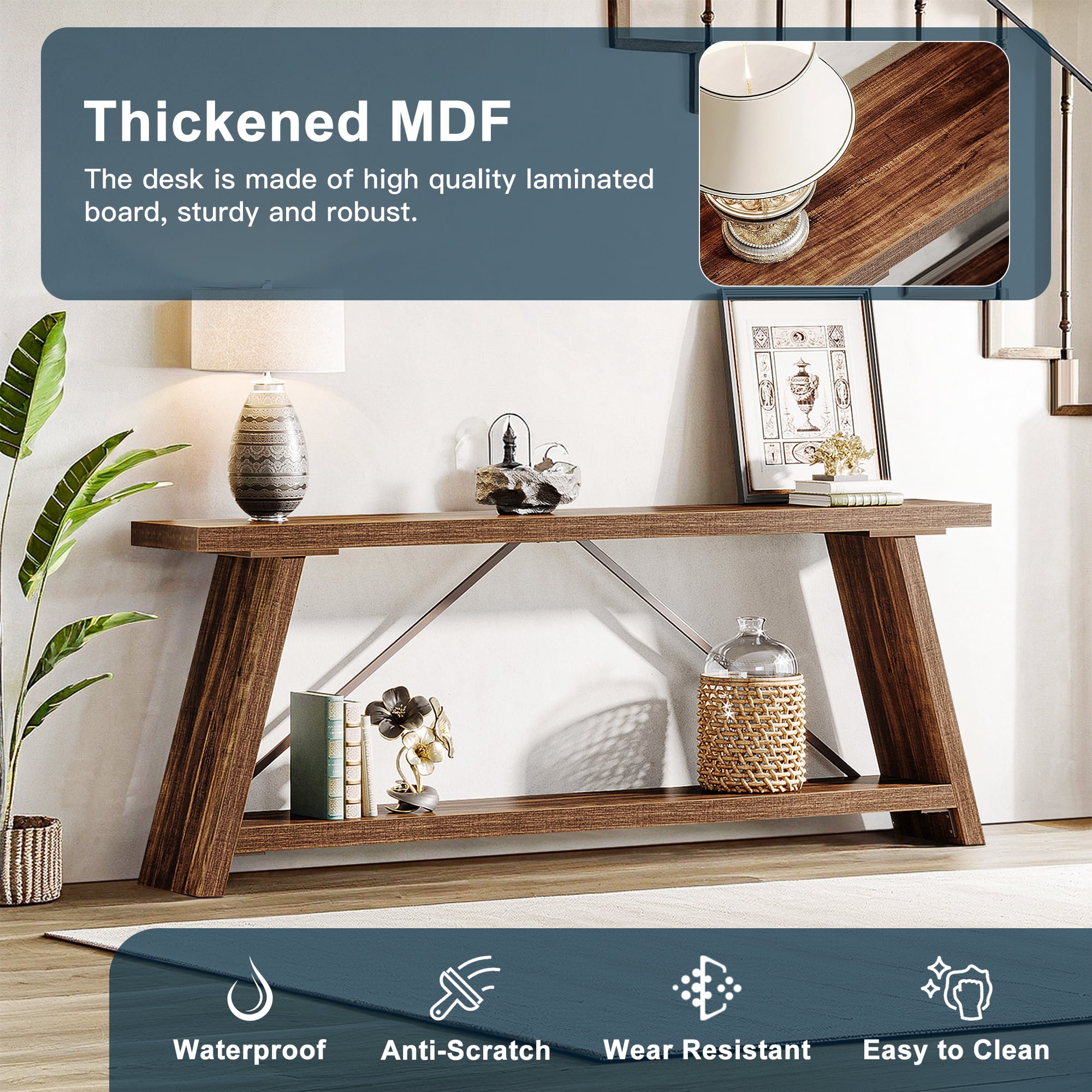 Demi Bonn 70.9" Console Table, Rustic Vintage Narrow Sofa Table for Entryway, Living Room, Hallway, Brown