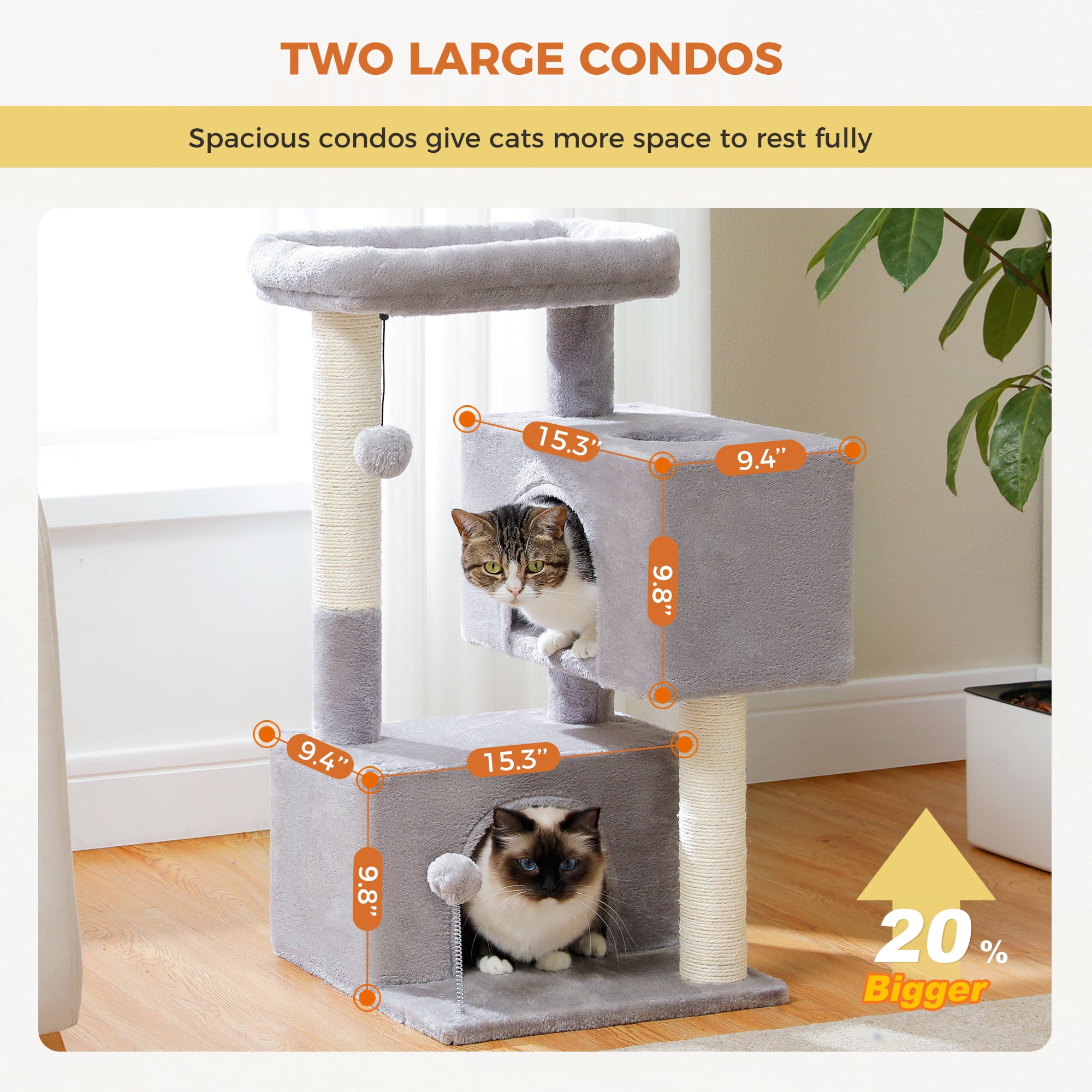 PEQULTI 31.5" Modern Cat Tree Tower with Dual Large Condos for Kitten ＆ Medium Size Cat Light Gray