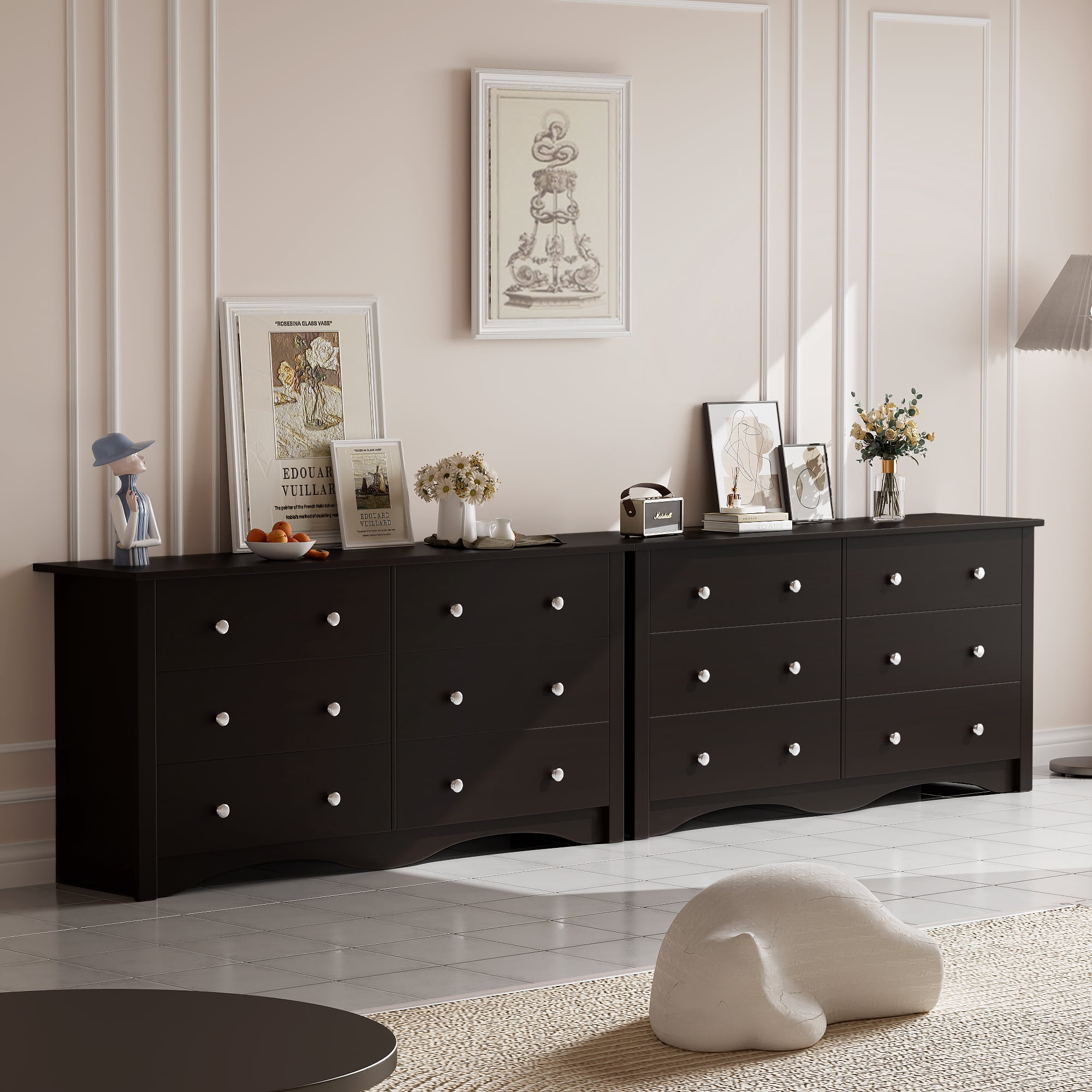 Vineego 58'' 6 Drawers Dresser, Rustic Modern Chest of 6 Drawers Extra Wide Double Dresser for Master Bedroom or Nursery Storage,Brown