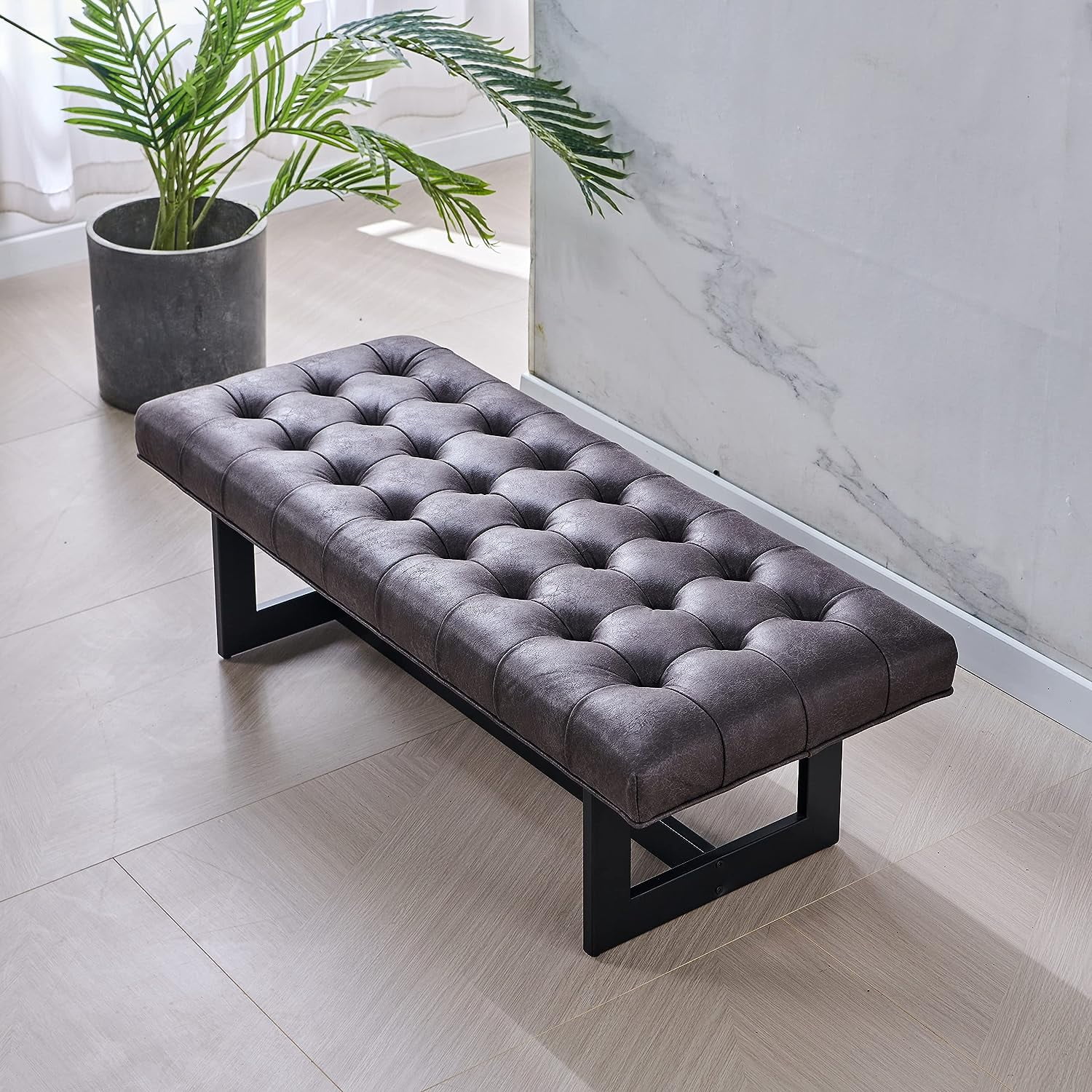 Nathaniel Home 48'' Button-Tufted Kids Ottoman, Upholstered Bedroom Benches, Leather Footrest Stool Accent Bench, for Bedroom End of Bed, Foggy Gray