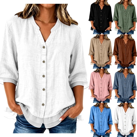 Admvng Womens Tops 3/4 Sleeve Double Layer Chiffon Hem Casual Summer Shirt Blouse