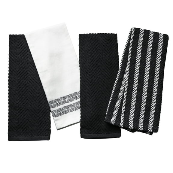 Thyme & Table Kitchen Towels, Black and White Triangle Pattern, 4 Pack Set
