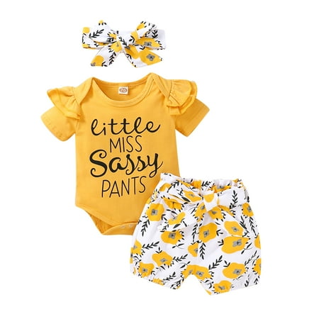 

Kiapeise Baby Girls Short Sleeve Letter Print Romper + Shorts + Headband