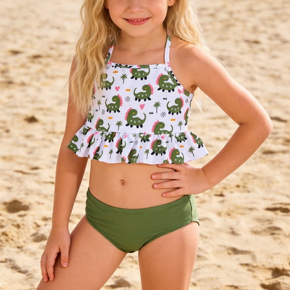 Girls Swimsuit Toddler Girl's Cartoon Dinosaur Print Bowknot Two Piece Bikini Set Girls Bathing Suits Green 18-24 Months