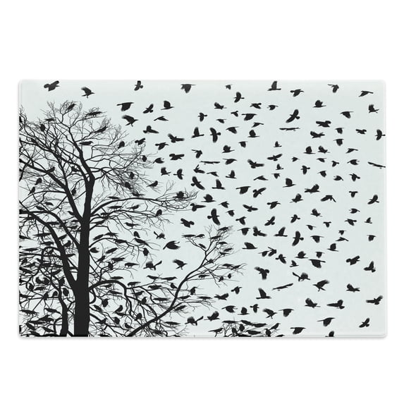 Black and White Cutting Board, Tree Birch Branches Flying Birds Natural Life Fall Themed Silhouette Style, Decorative Tempered Glass Cutting and Serving Board, in 3 Sizes, by Ambesonne