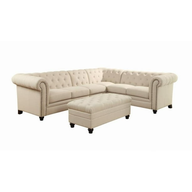 Button Tufted Sectional Sofa With Rolled Arm and Nailhead Oatmeal Linen