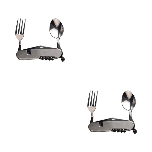 Toystoory Vajilla plegable 6 en 1 para exteriores, cubiertos de acero inoxidable para acampar, sacacorchos, herramienta turística, equipo de S/acero inoxidable 2Conjunto