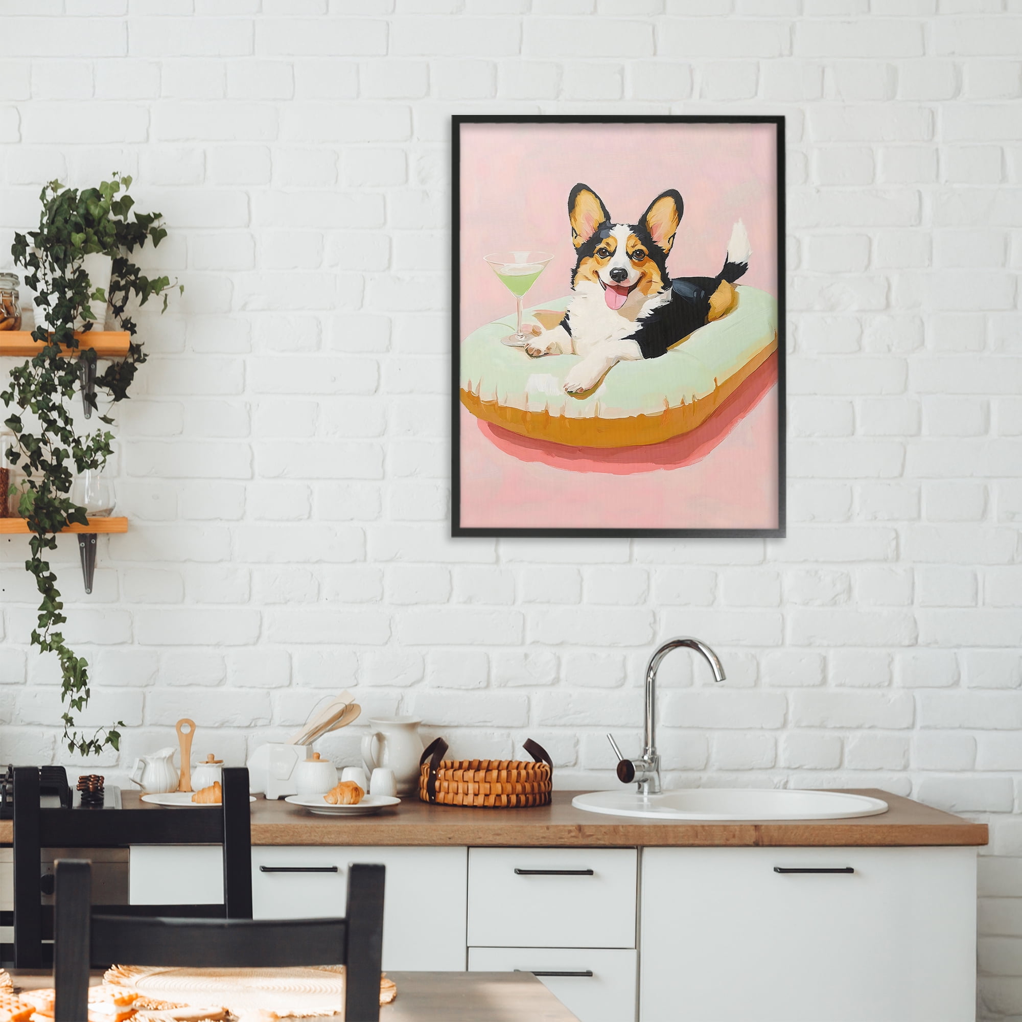 Stupell Industries Pastel Corgi with Cocktail Black Framed Giclee Art, design by The Prints Vibe