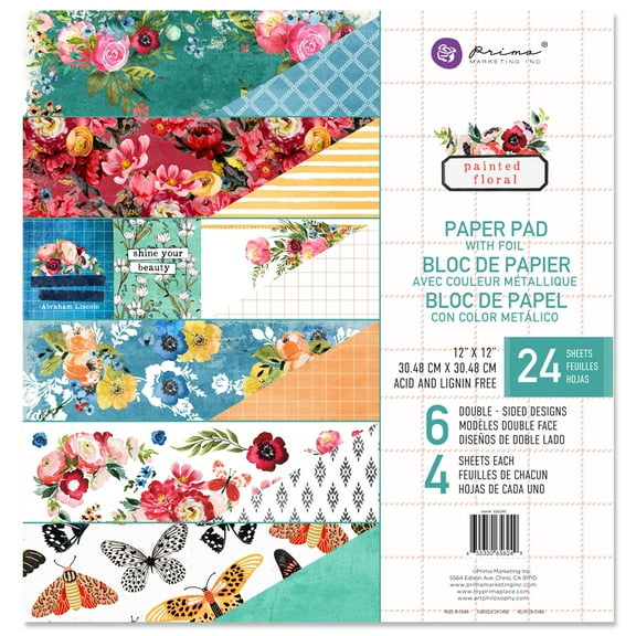 Prima Marketing Double-Sided Paper Pad 12"X12" 24/Pkg-Painted Floral, 6 Foiled Designs/4 Each