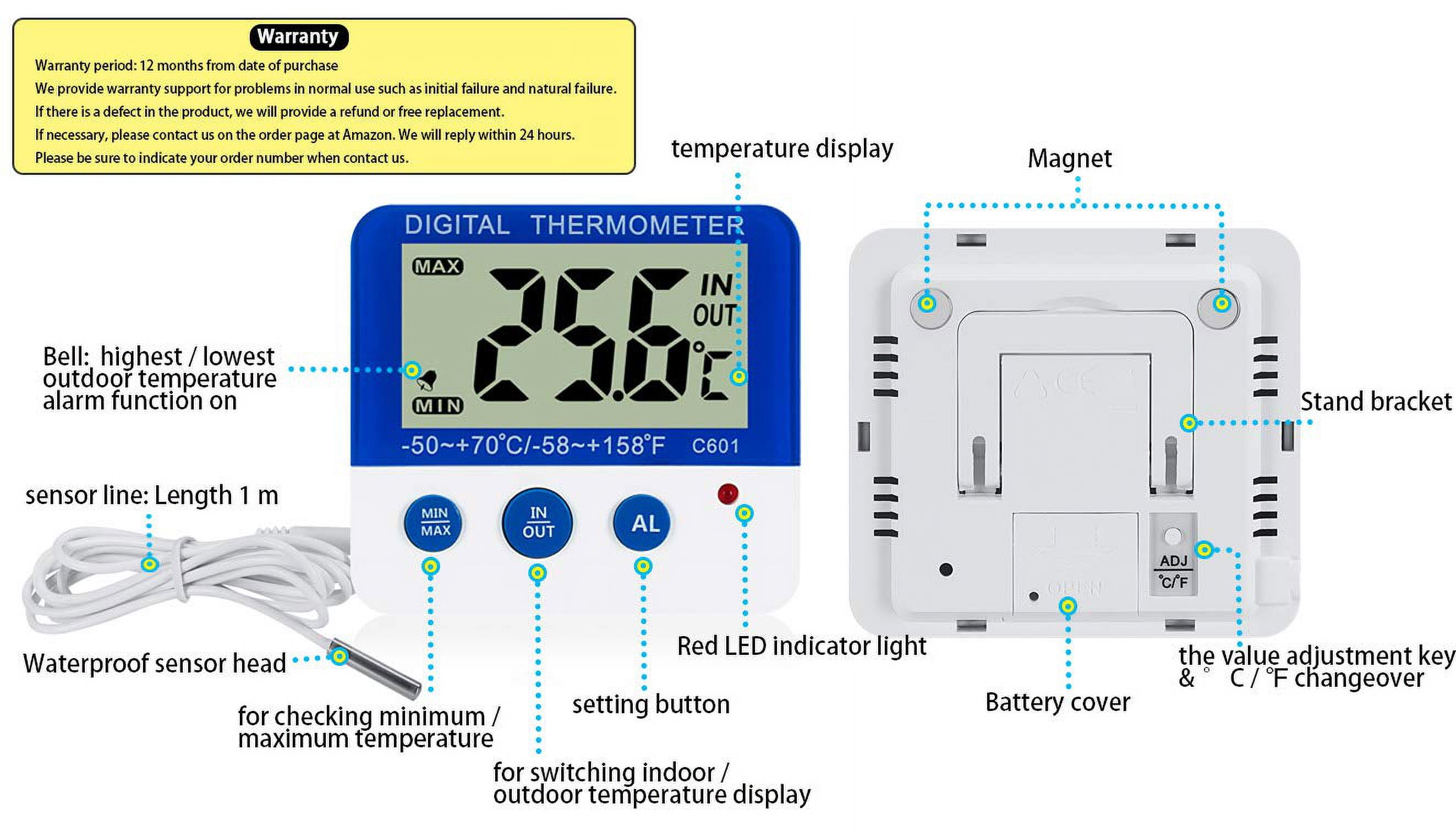 ABCISI Fridge Freezer Thermometer, Max/Min Memory High & Low Temperature Alarms Settings with LED Indicator Digital Refrigeration Thermometer with Magnetic, Stander 2 Pack