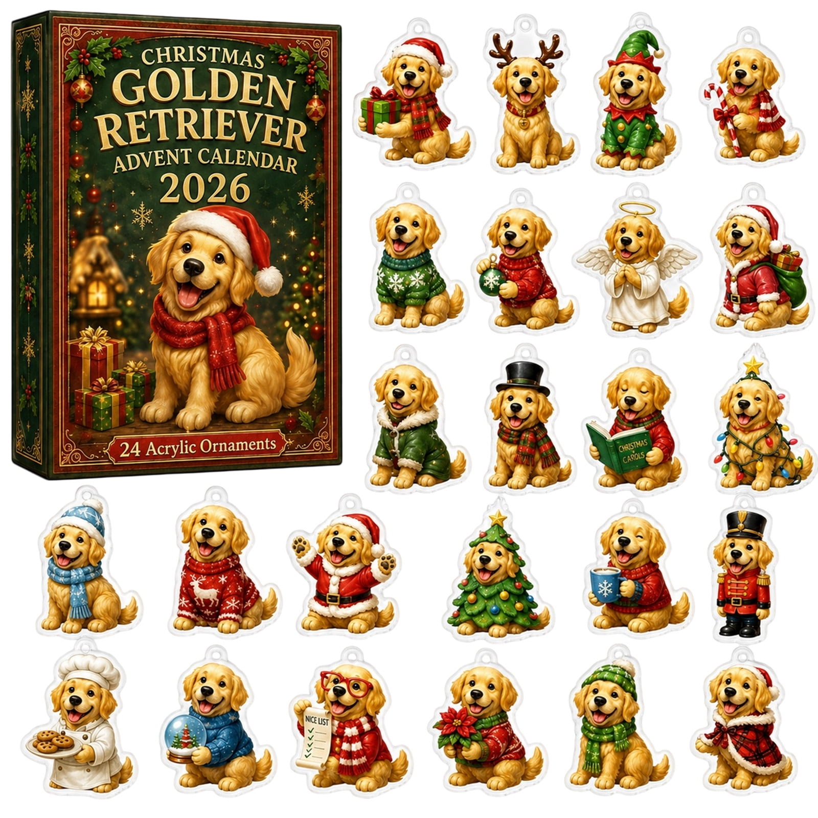 Christmas Advent Calendar with 24 Acrylic Ornaments Featuring Golden Retriever Designs Cute Christmas Tree Decor for Home Holiday Countdown 2026 Seasonal Gift Ideas for Adults