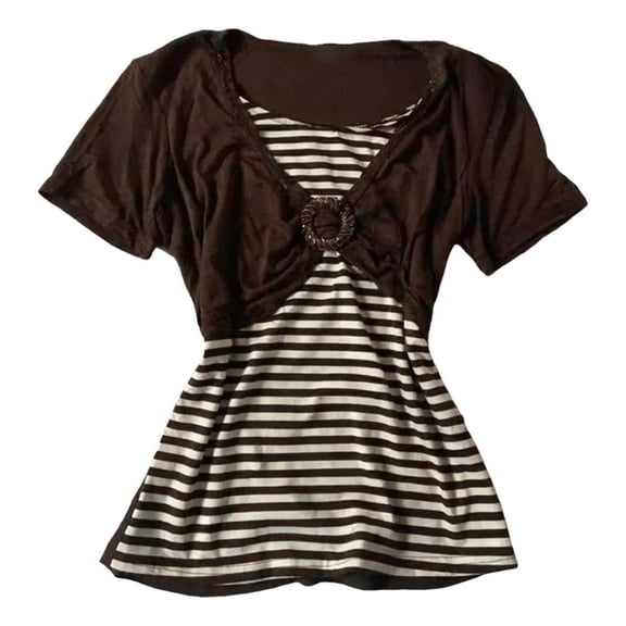 Norvella Womens Layered T Shirt Striped Underlay V Neck Short Sleeve Tie Front Slim Fit Y2K Casual Tee Fashion Everyday Top
