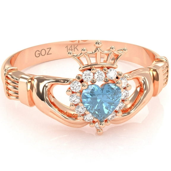 Claddagh Blue Topaz Diamond Ring In Solid 14k Rose Gold