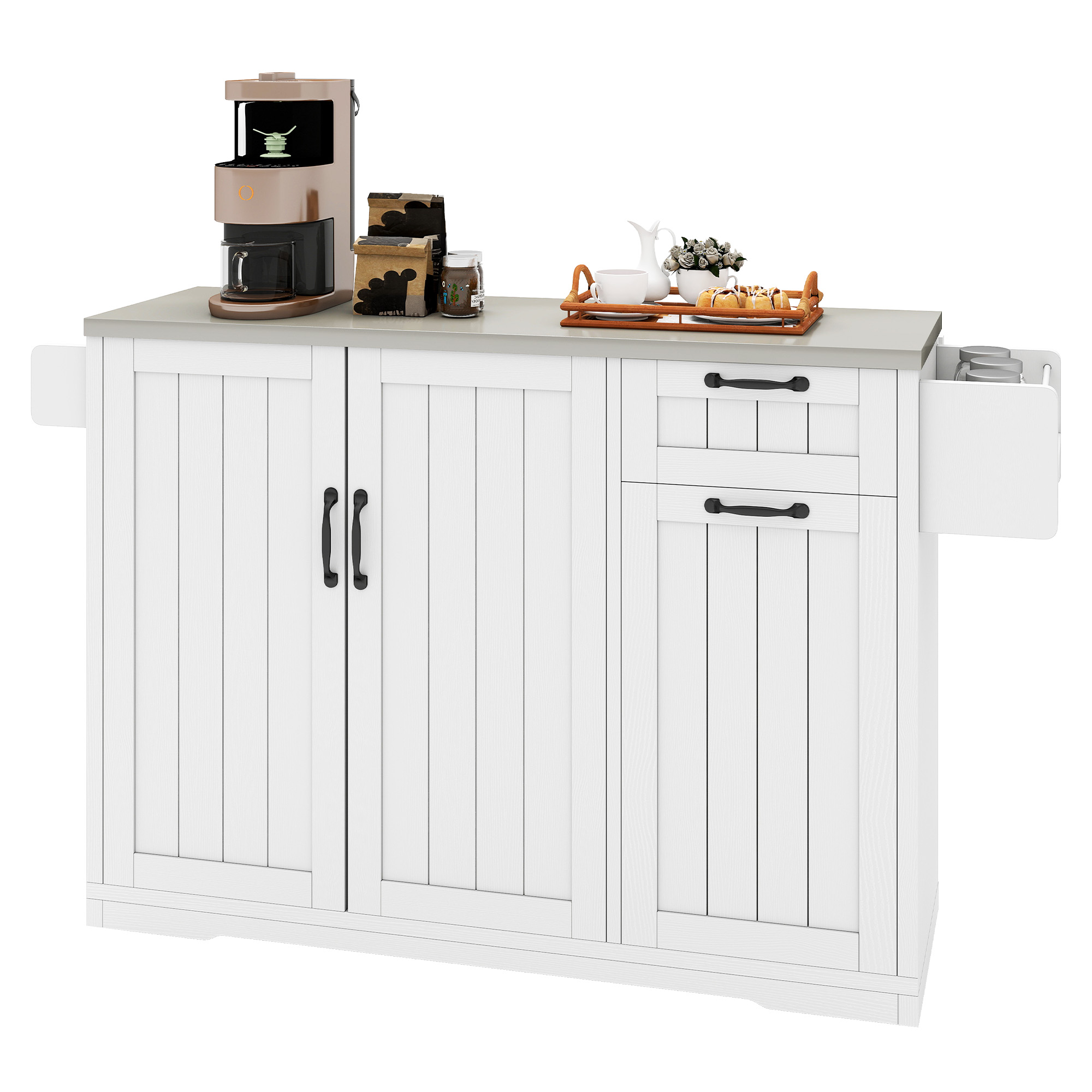 Uforic Kitchen Island Table with Stainless Steel top & Storage, Kitchen Island with Drop Leaf, White