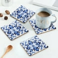 thumbnail image 3 of Coasters for Drinks Bar Beer,Set of 4 ,Square Wooden Housewarming Gift,Blue And White Porcelain Pattern Symmetrical, 3 of 6