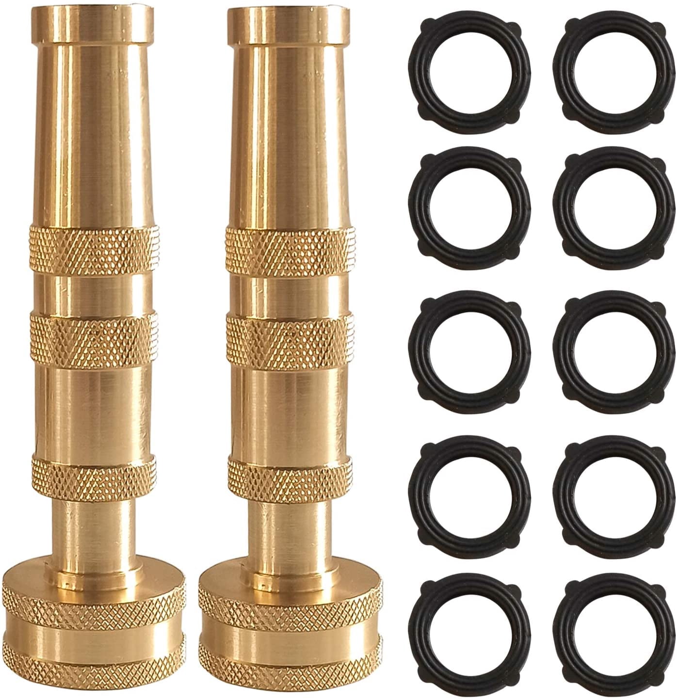 RGHJAR-Adjustable Twist Hose Nozzle, 4" Heavy-Duty Brass Hose Nozzle with 10 Garden Hose Rubber Washers, 2 Pack