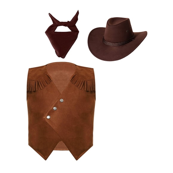 YiZYiF Kids Western Cowboy Cowgirl Outfits Button-Up Fringe Vest with Cowboy Hat and Bandanna Scarf Brown 16